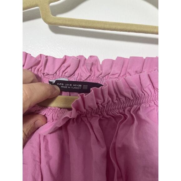 Zara Crop Top Shirt Womens Small Pink Short Sleeve Smocked Off The Shoulder - Picture 3 of 5